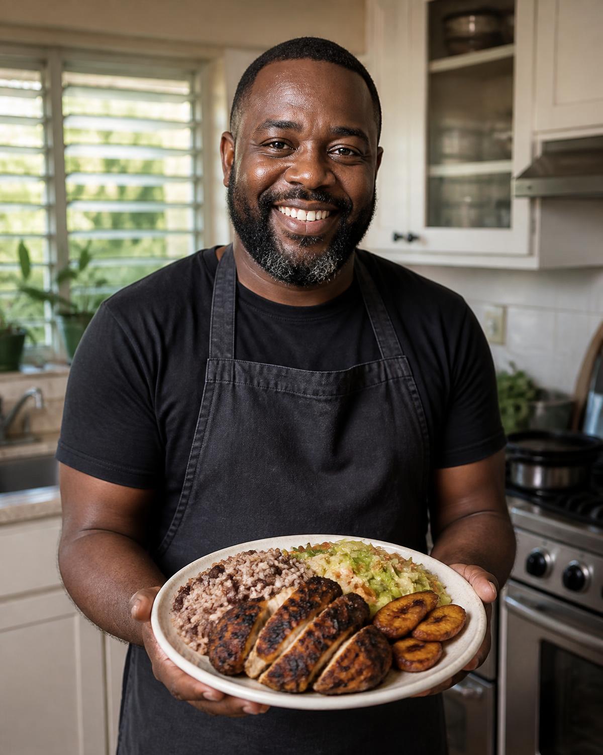 Black male home cook proudly presenting jerk chicken, rice and peas and plantains