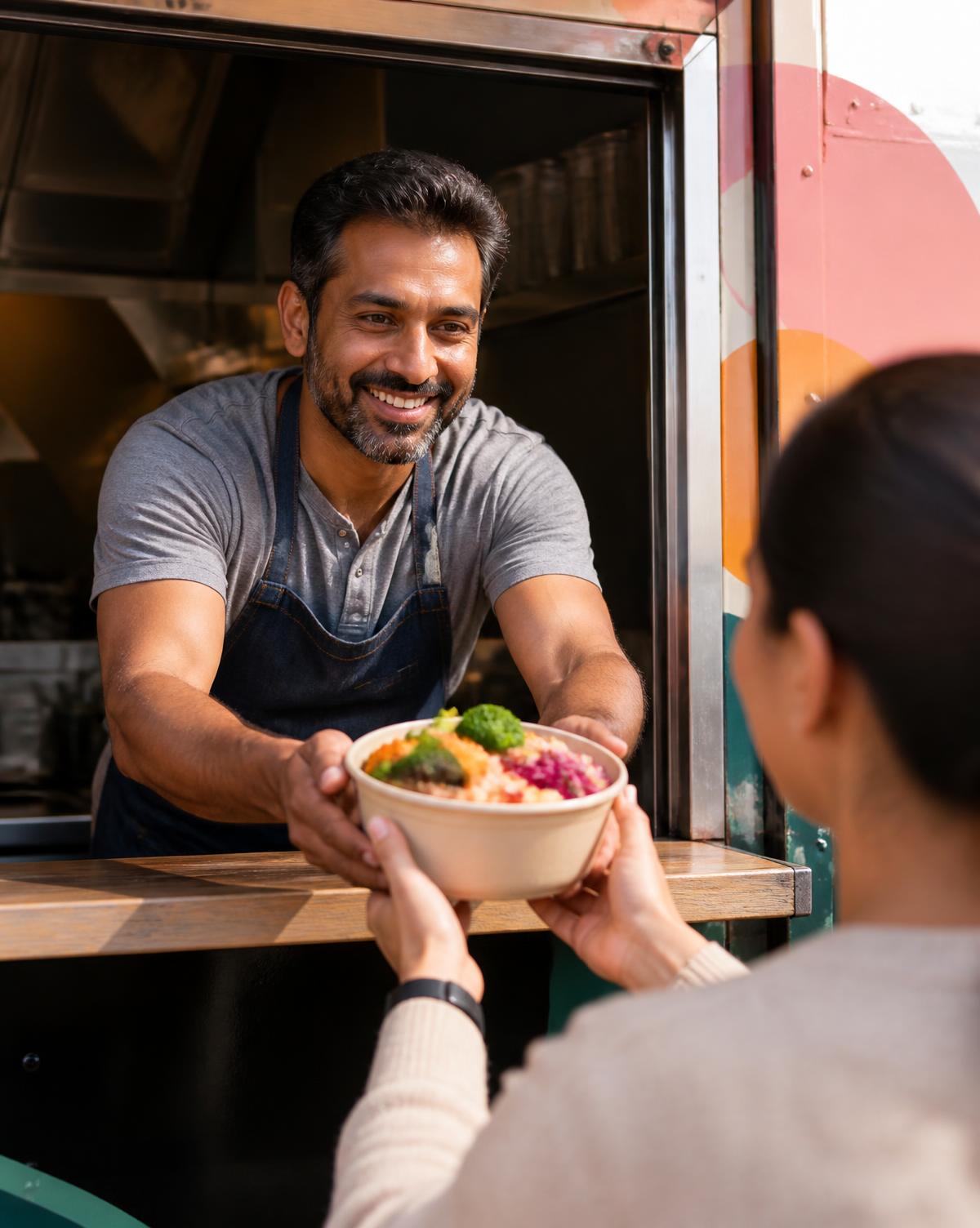 Brown male food truck owner handing a freshly prepared lunch bowl to a customer